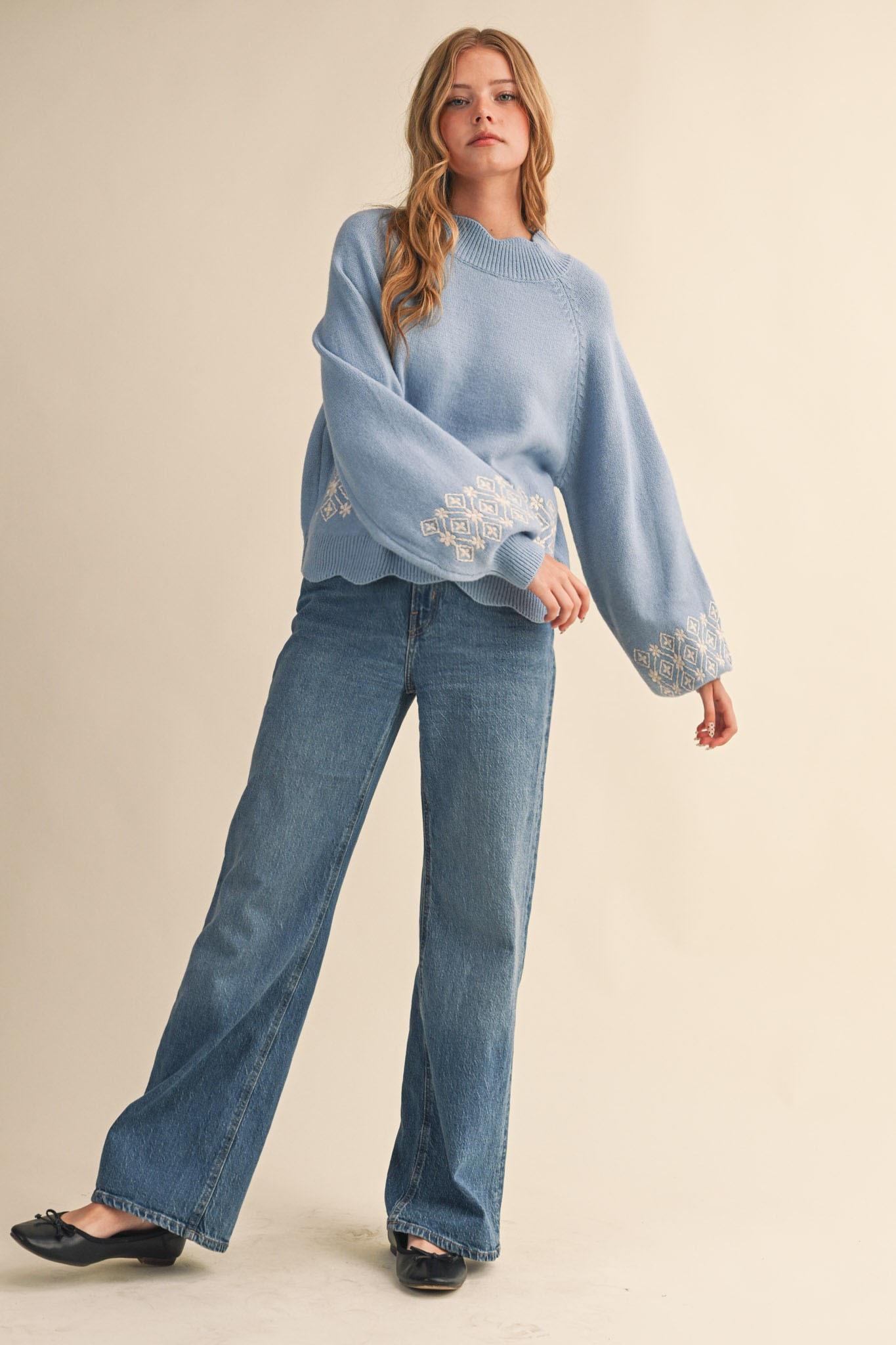Sky Blue and Ivory Scalloped Sweater