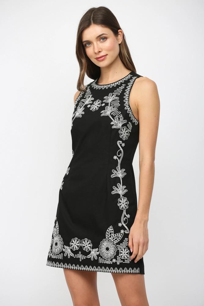 Black Embroidered Linen Dress