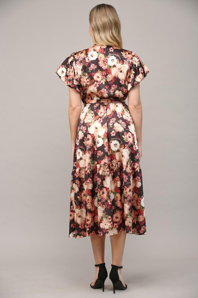 Black Floral Print Satin Dress