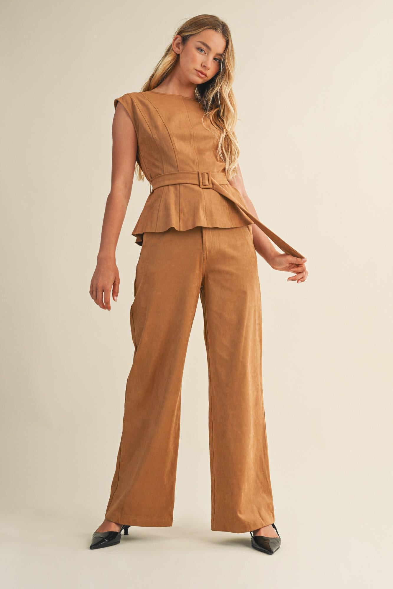 Coffee Belted Peplum Top