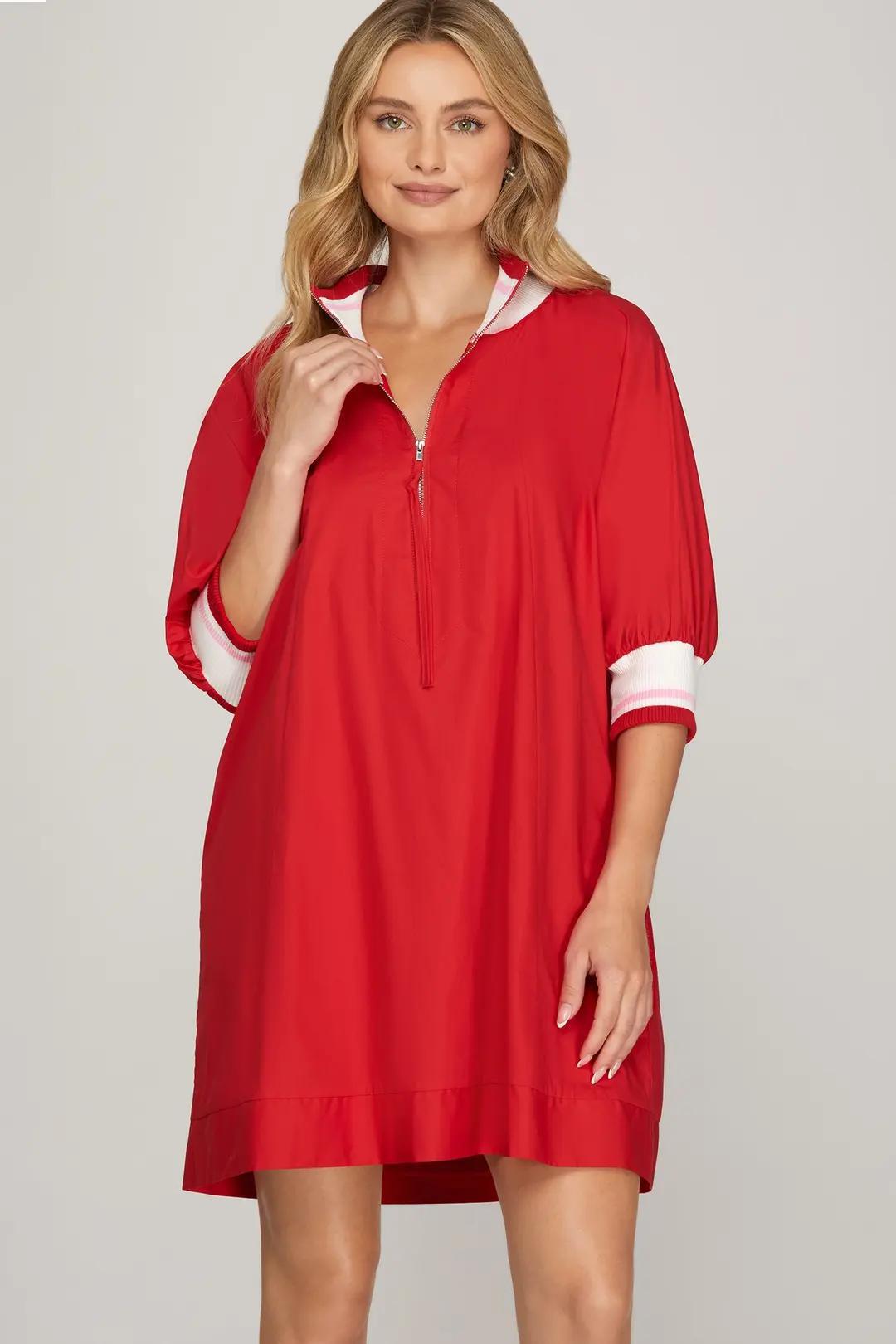 Red Half Sleeve Half Zip Dress