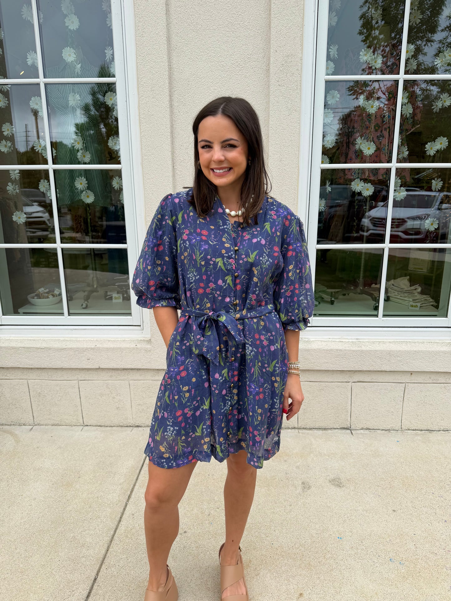 Navy Floral Mix Print Mini Dress
