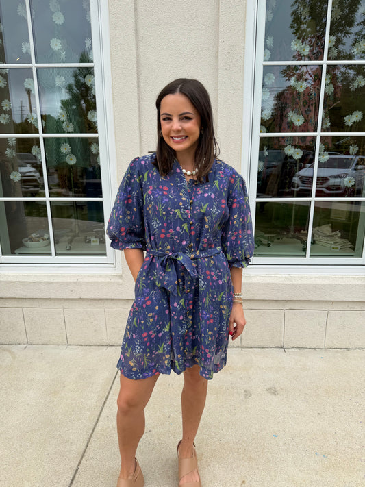 Navy Floral Mix Print Mini Dress