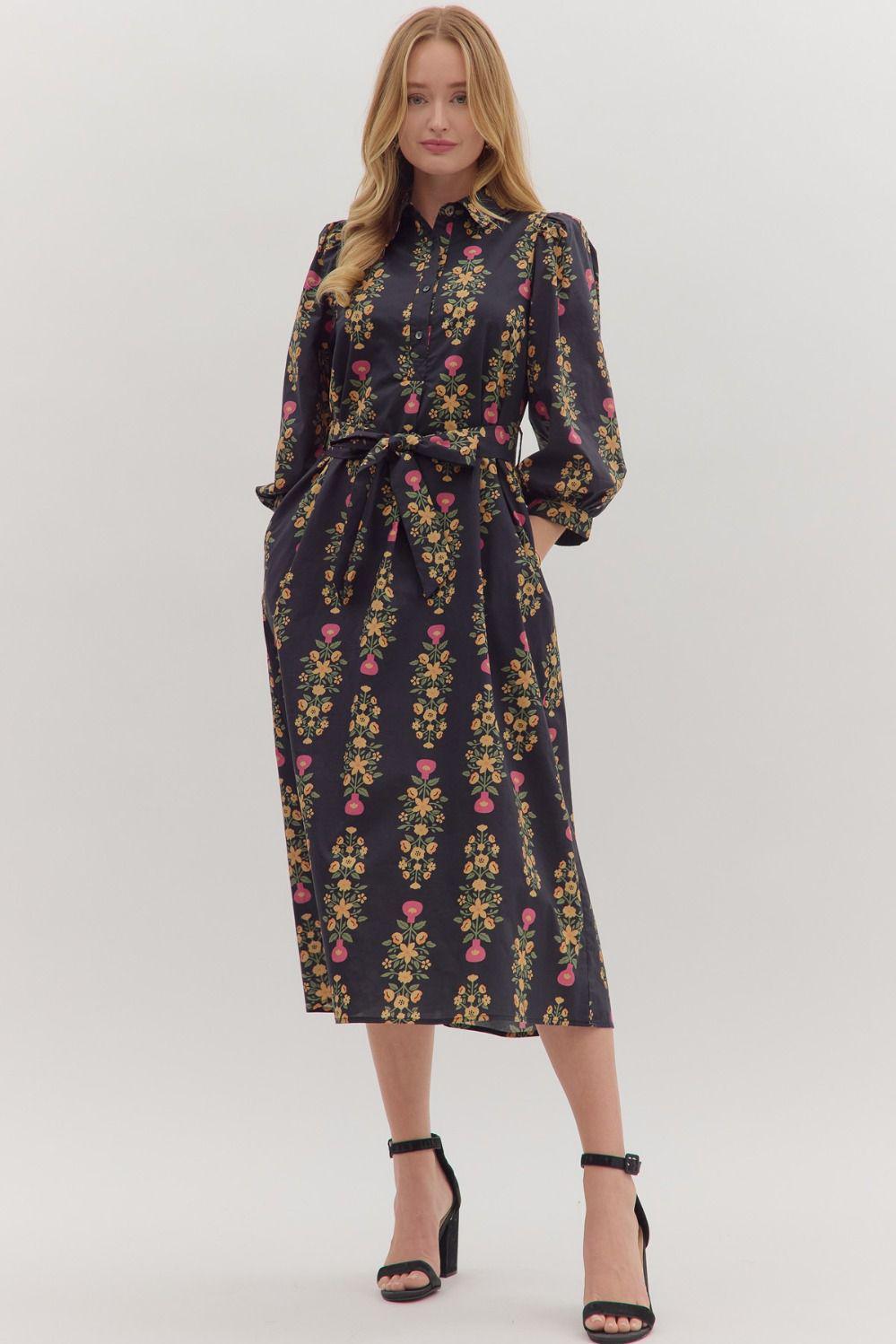 Black Botanical Print Midi Dress