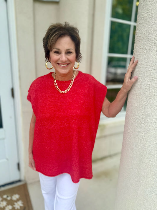 Red Heathered Sleeveless Oversized Top