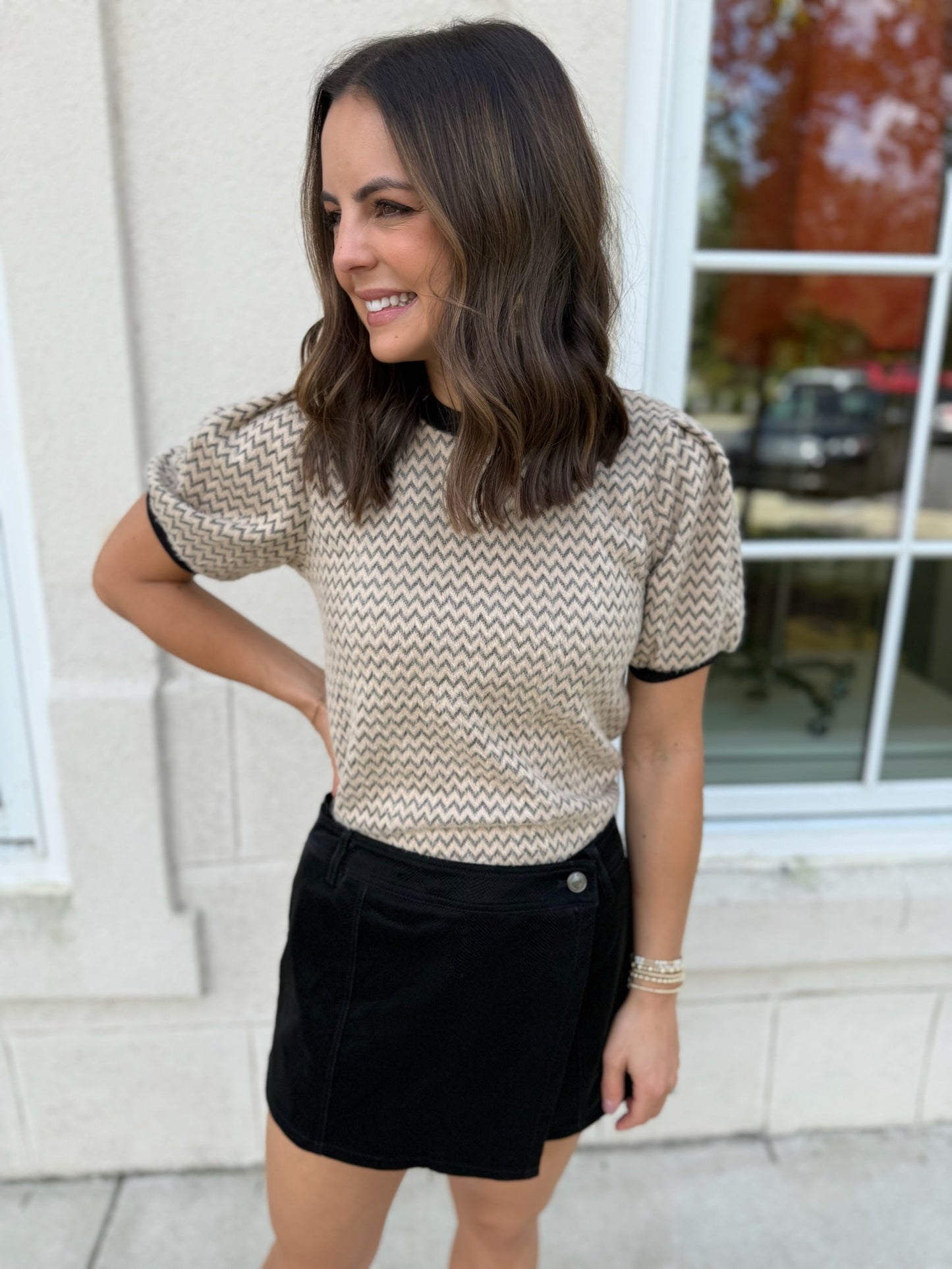 Biscuit and Black Zigzag Striped Knit Top