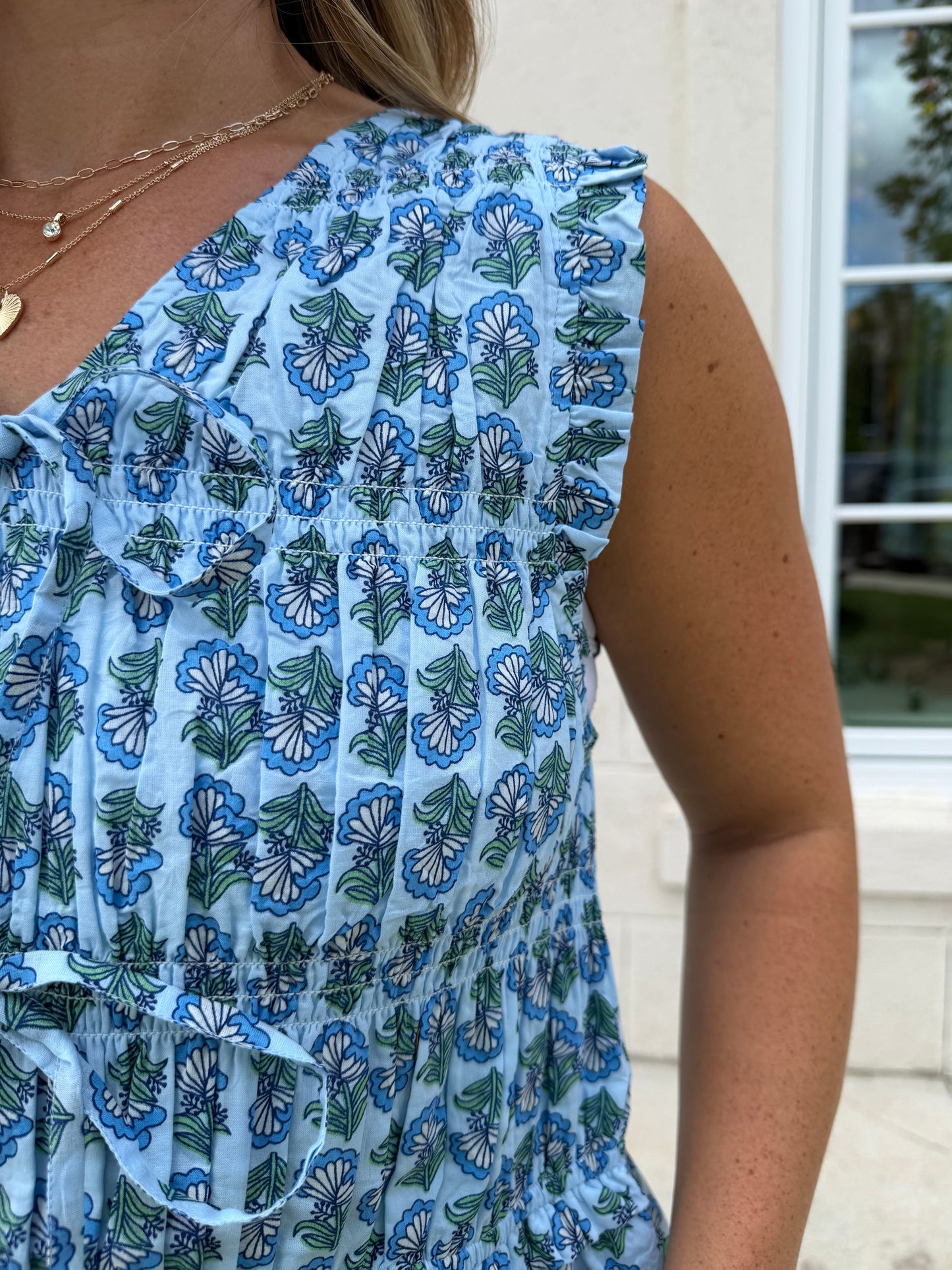 Blue Floral Print Smocked Top