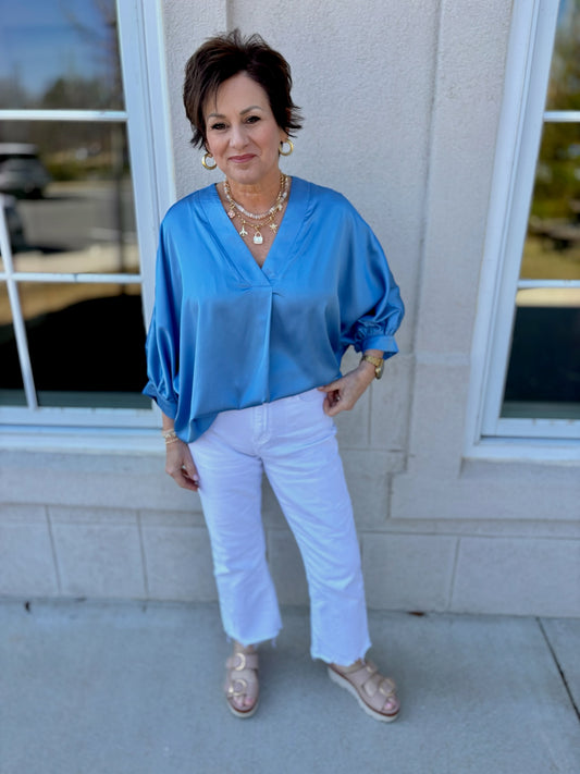 Sky Blue Satin V Neck top