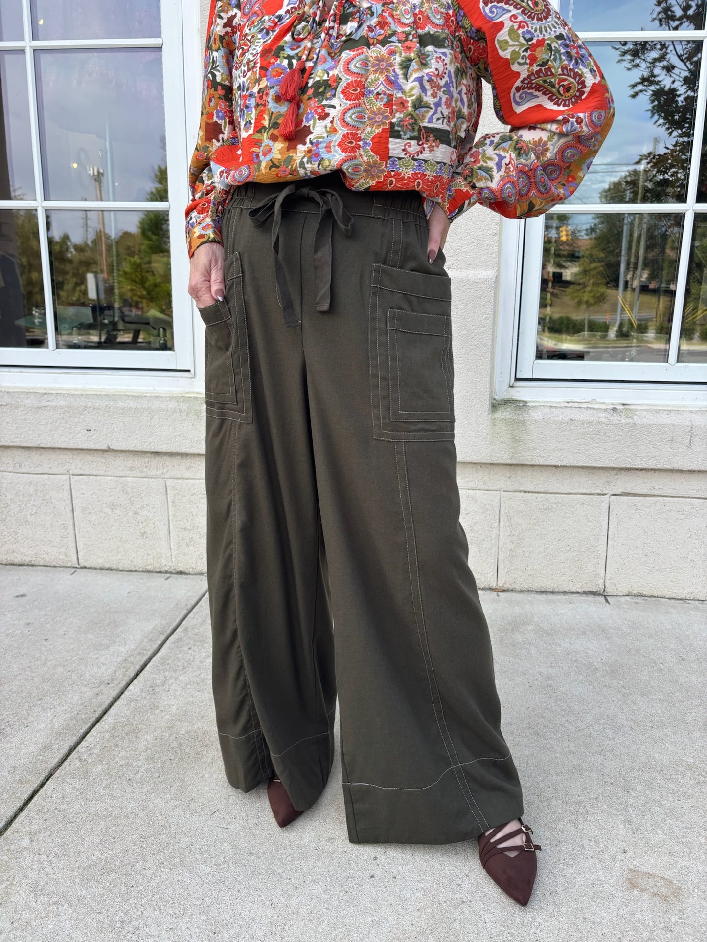 Olive Linen Wide Leg Pant