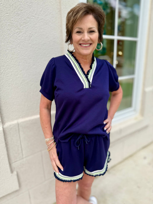 Navy Ruffle Trim Luxeknit Set