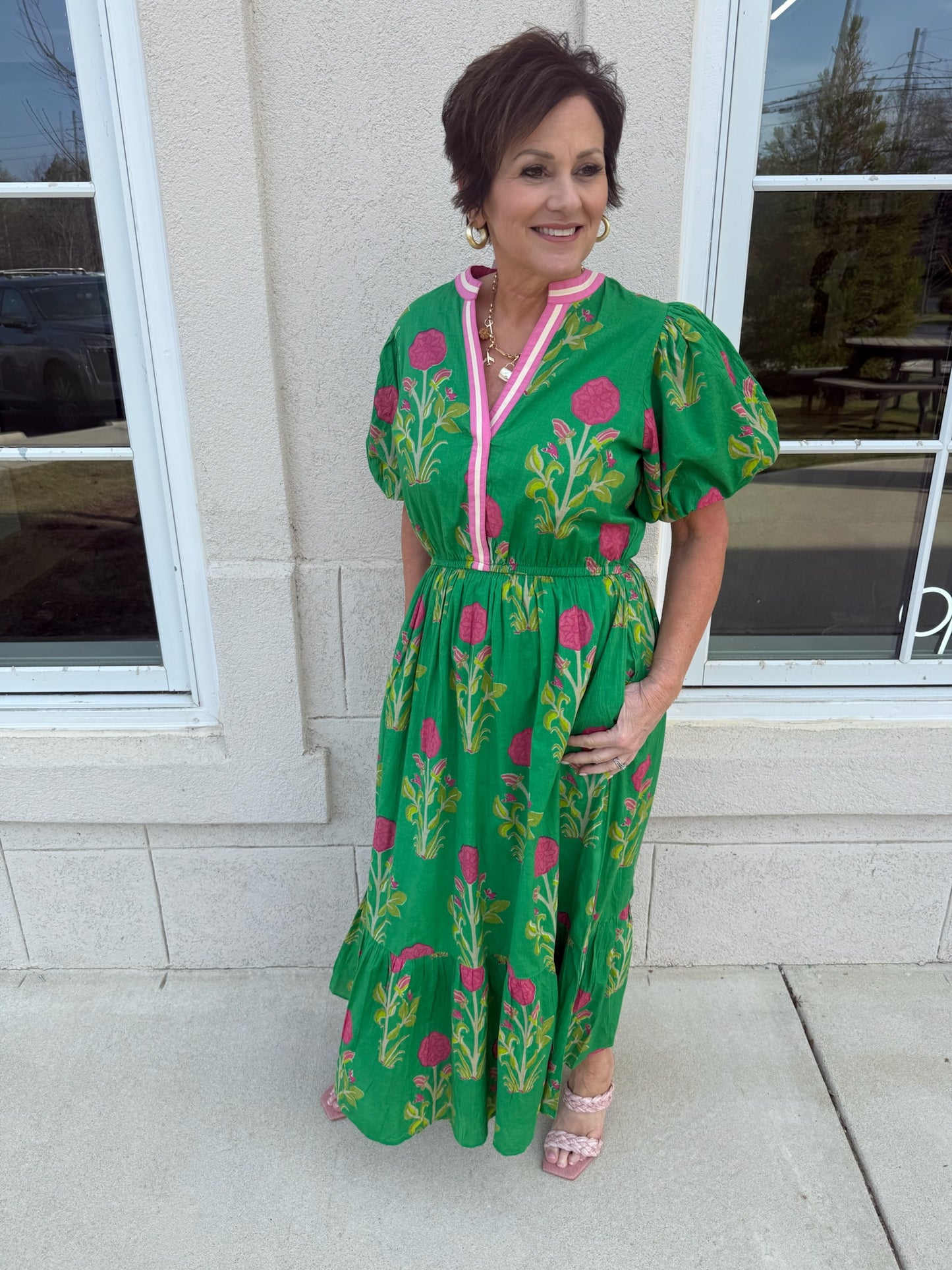 Green Flower Print Maxi Dress
