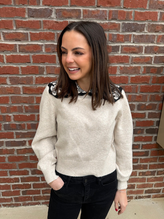 Cream with Black Floral Collared Sweater