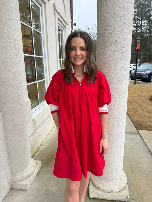 Red Half Sleeve Half Zip Dress