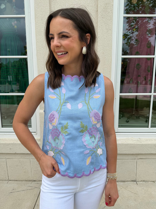 Dusty Periwinkle Blue Embroidered Tank
