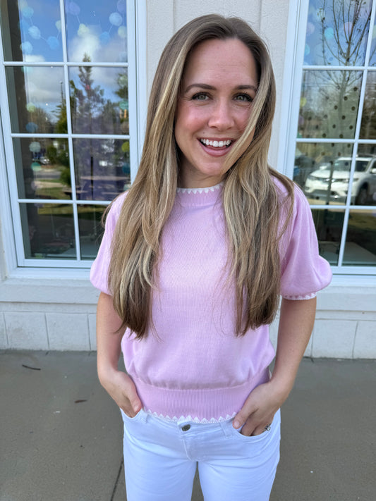 Pink and White Blanket Stitch Trimmed Top