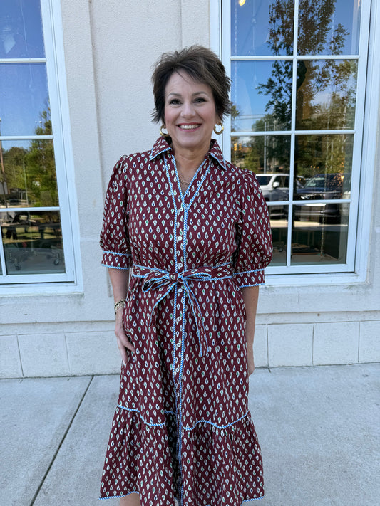 Burgundy Printed Midi Dress