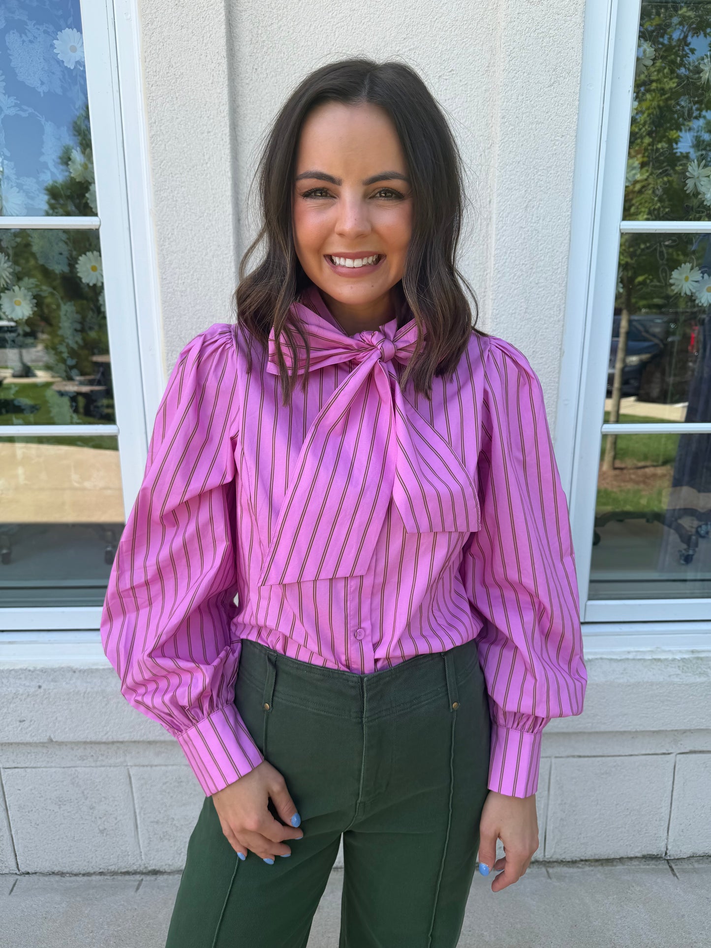 Pink and Brown Stripe Bow Tie Shirt