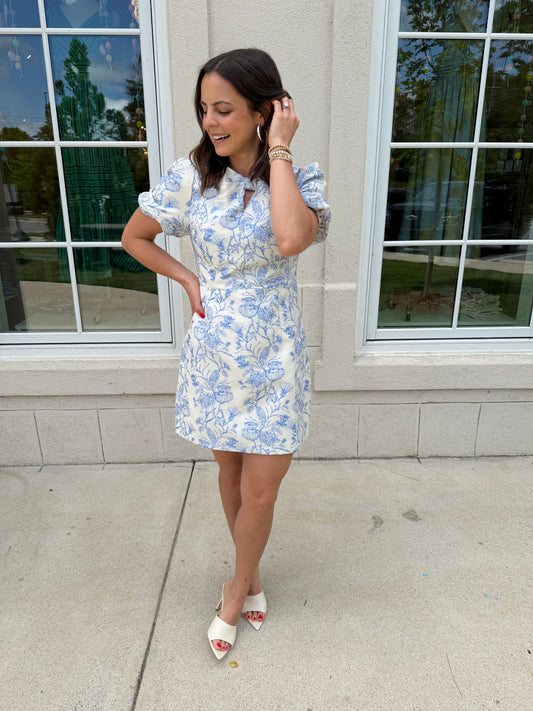 Off White and Sky Blue Fit and Flare Dress