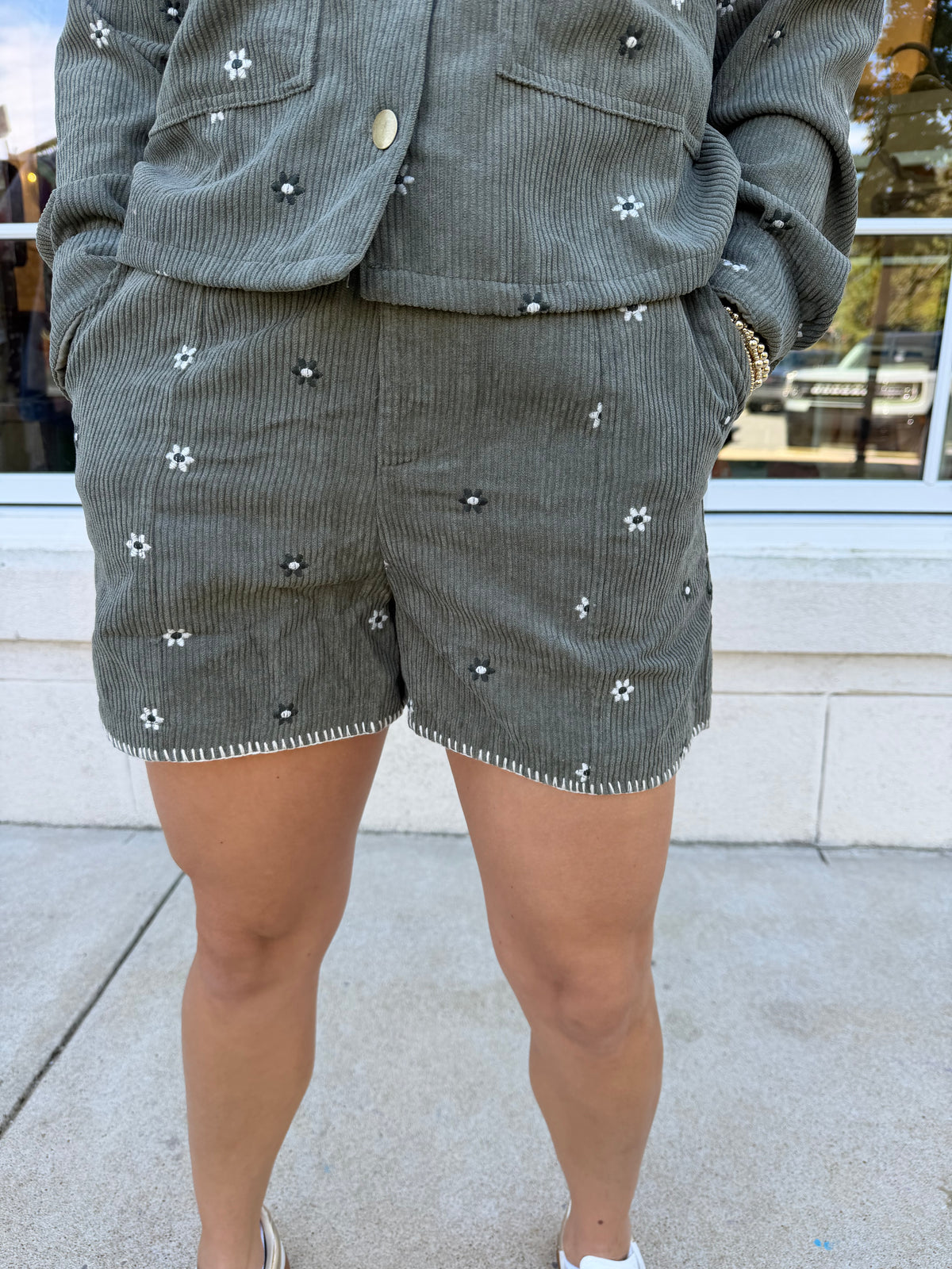 Olive Artisan Daisy Corduroy Shorts
