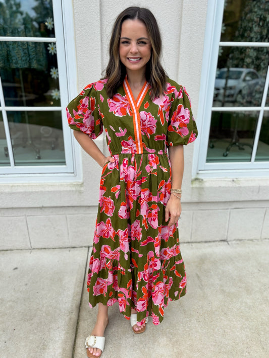 Verdigris Puff Sleeve Print Dress
