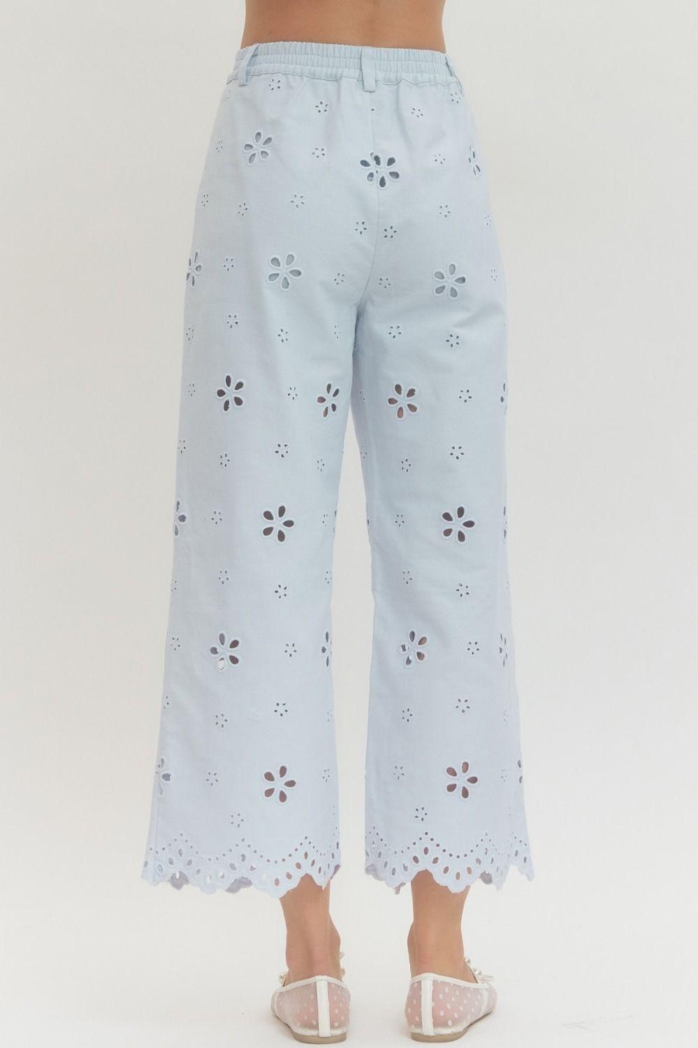 Light Blue Eyelet Embroidered Pants