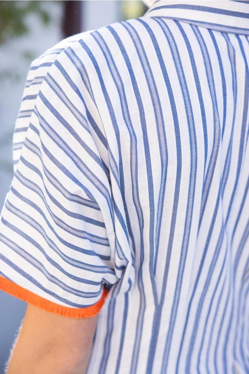 Blue Pleated Waist Mini Flare Shirt Dress