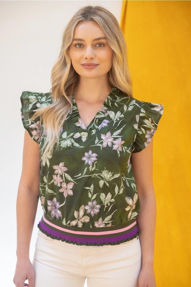 Olive Floral with Striped Band Embroidered Top