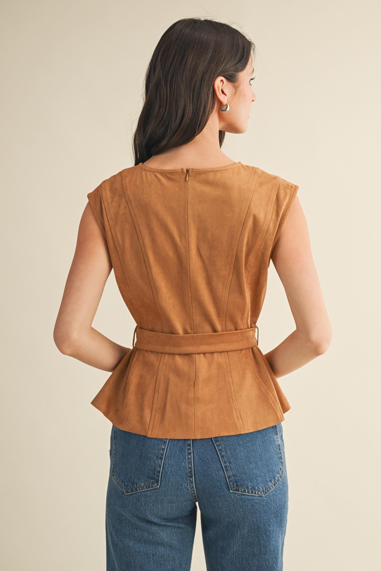 Coffee Belted Peplum Top