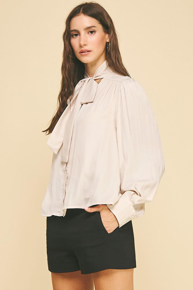 Oat Button Down with Neck Tie Blouse