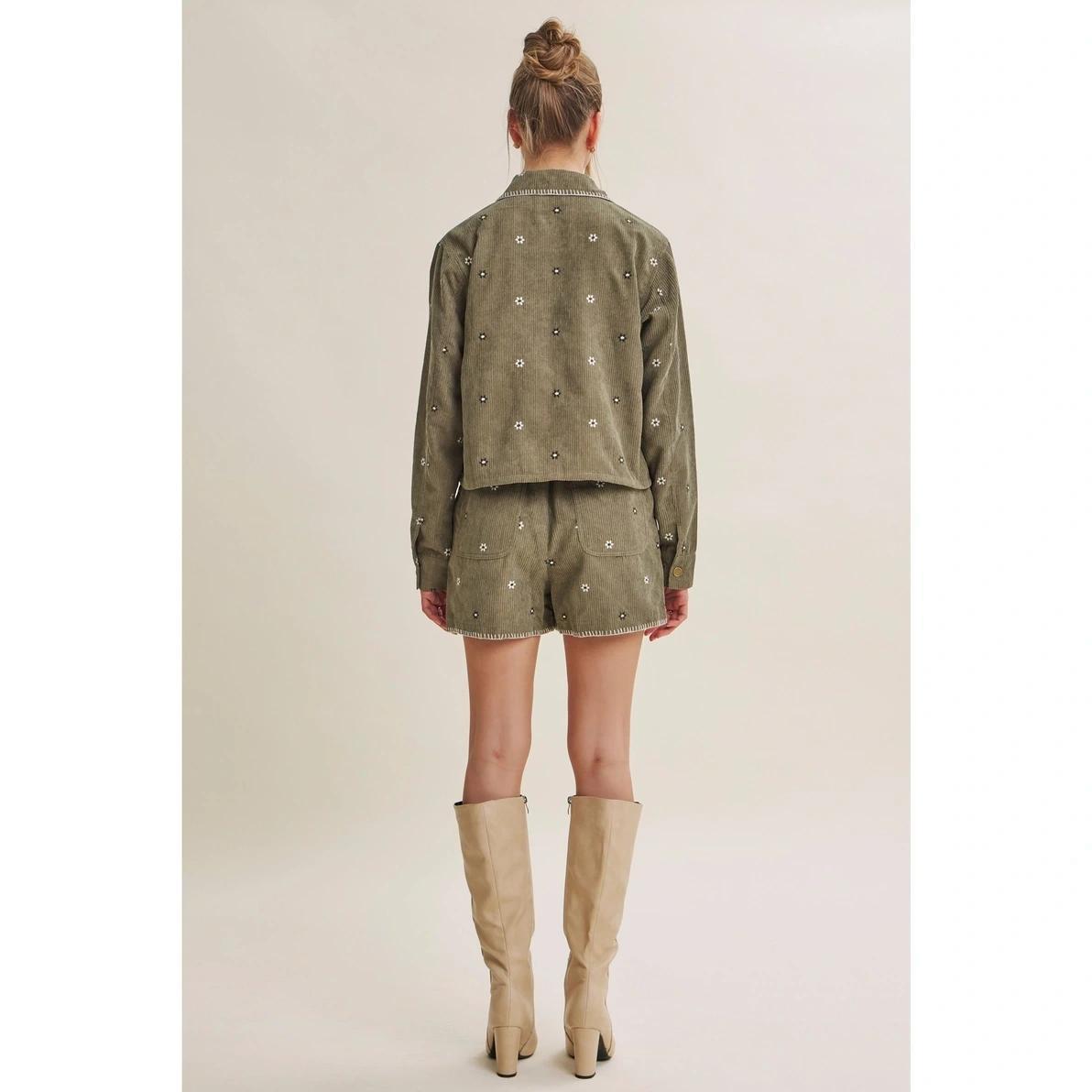 Olive Artisan Daisy Corduroy Shorts