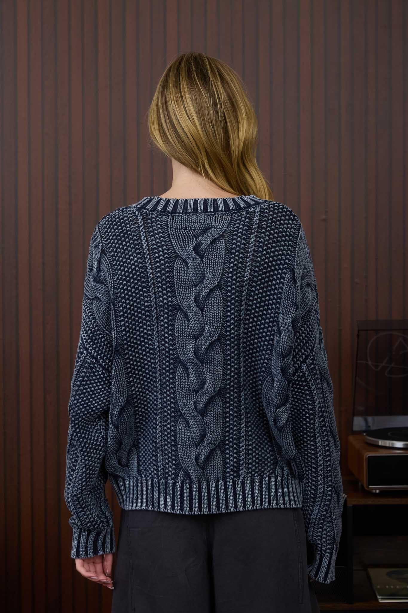 Navy Acid Washed Crew Sweater Set