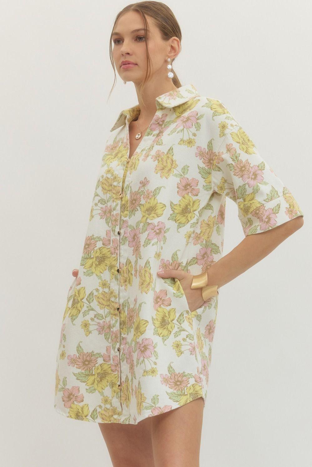 Off White Pink and Yellow Floral Shirt Dress