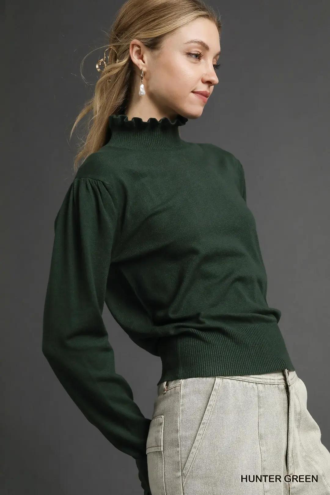 Hunter Green Ruffle Mock Neck Sweater