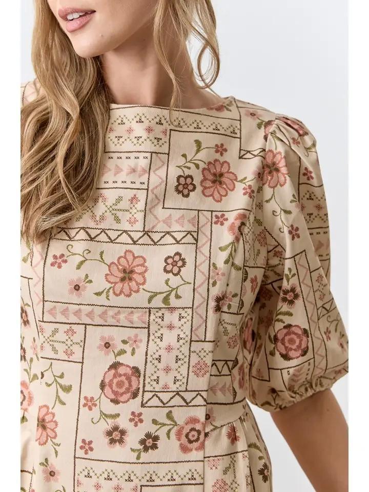 Natural Cross Stitch Print Denim Maxi