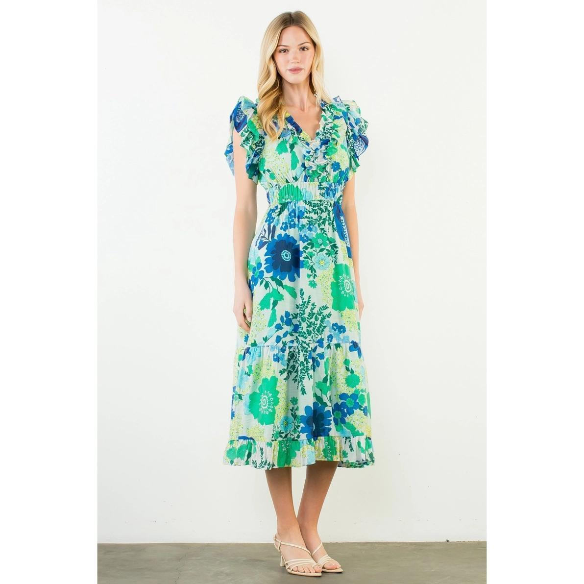 Blue and Green Flutter Sleeve Tiered Dress