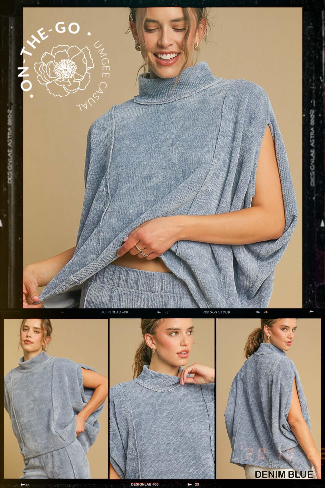 Denim Blue Soft Luxeknit Poncho and Wide Leg Set