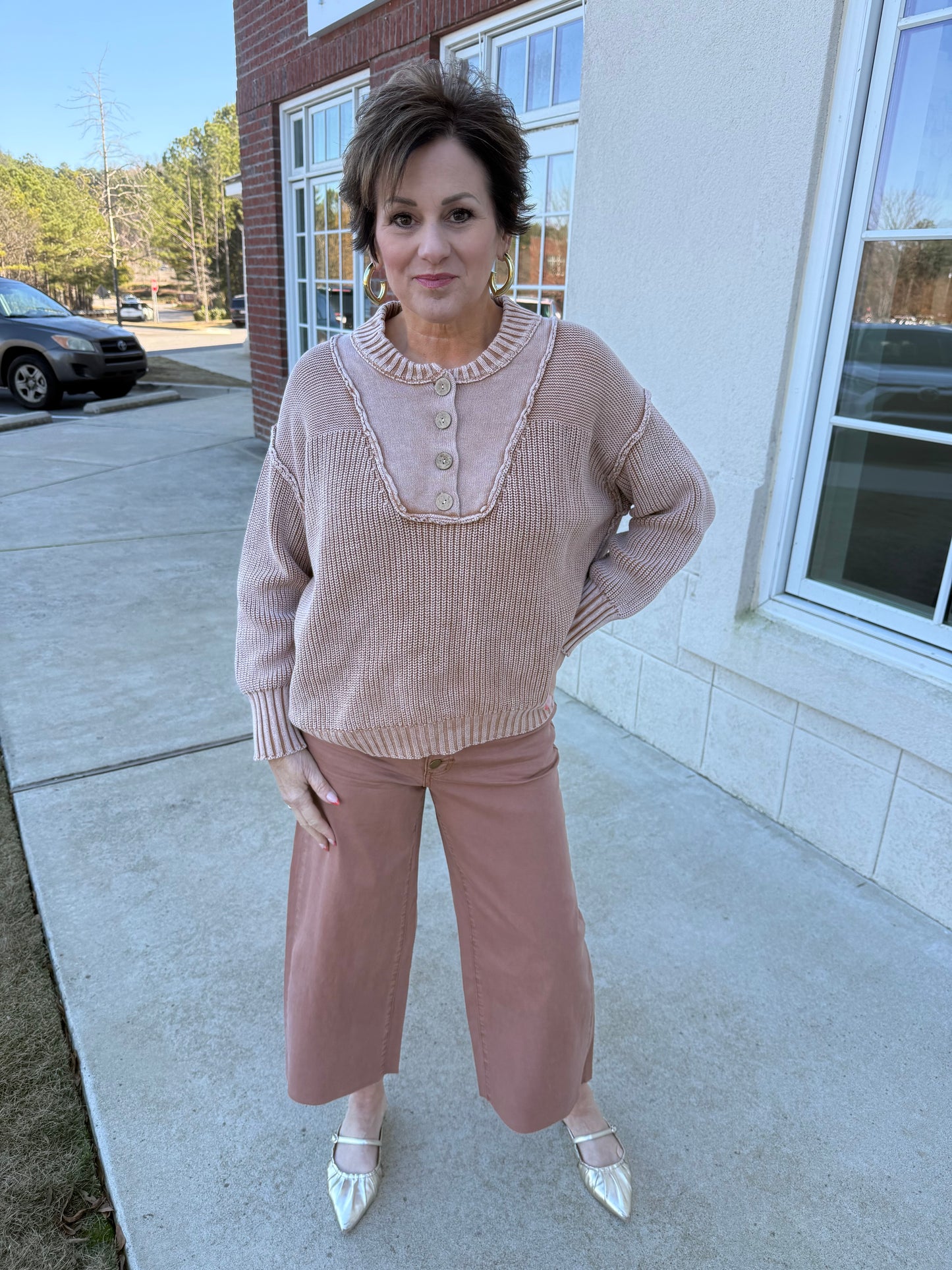 Washed Walnut Half Button Pullover