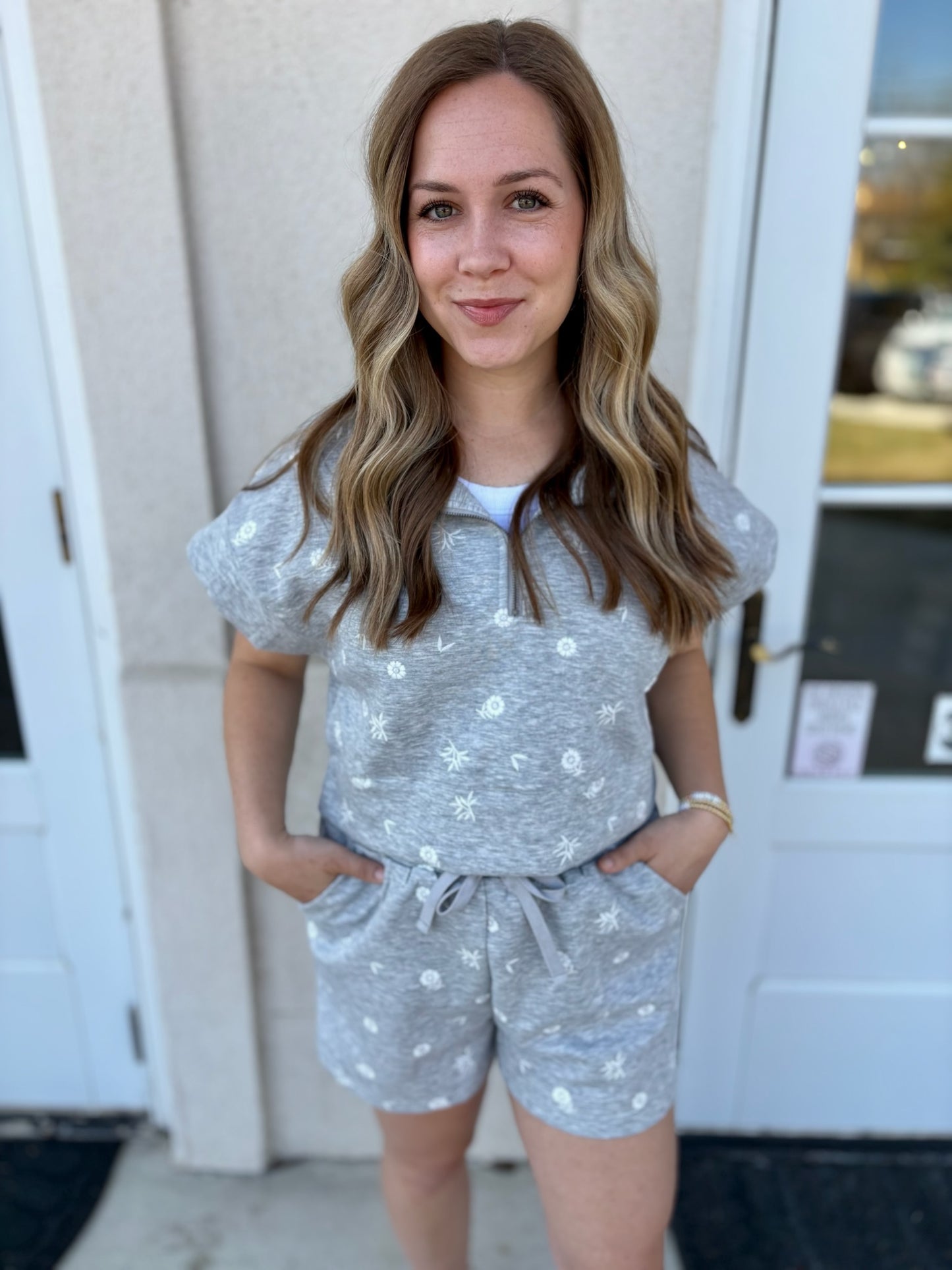 Heather Grey Embroidered Short Set