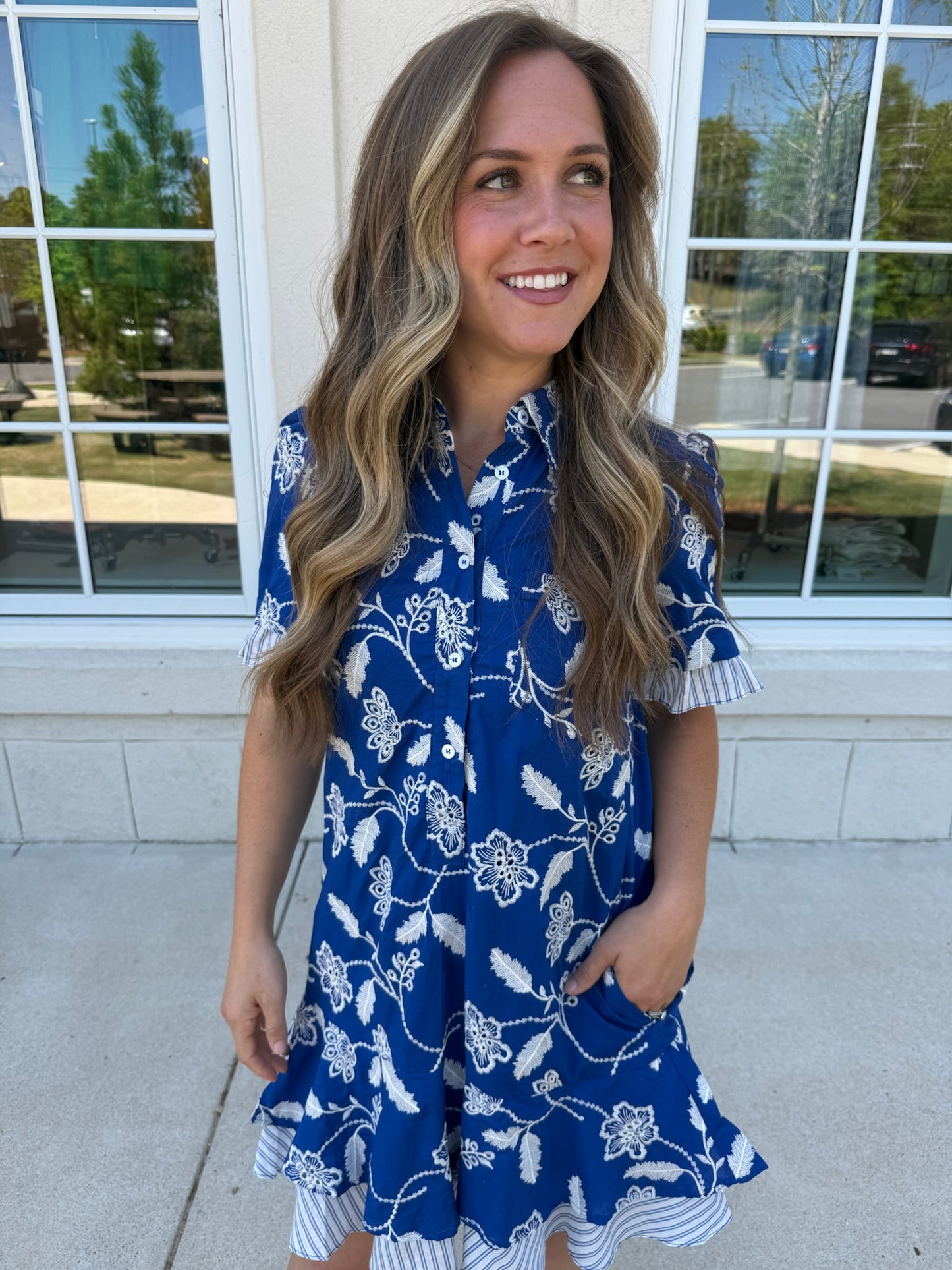 Blue Botanical Floral Embroidery Dress