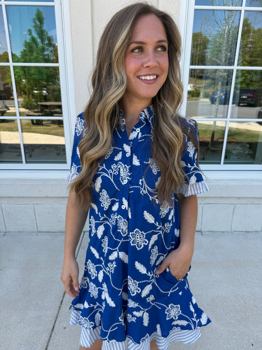 Blue Botanical Floral Embroidery Dress