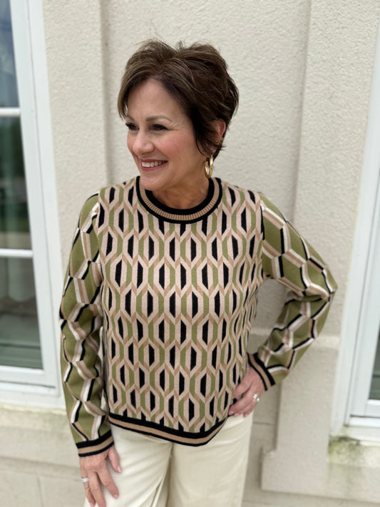 Black and Beige Patterned Knit Sweater
