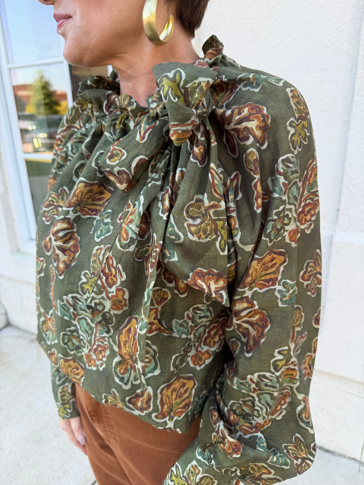 Olive Neck Tie Printed Blouse
