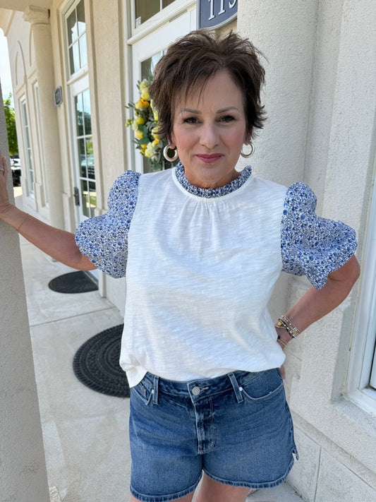 White and Light Blue Floral Slub Knit Top