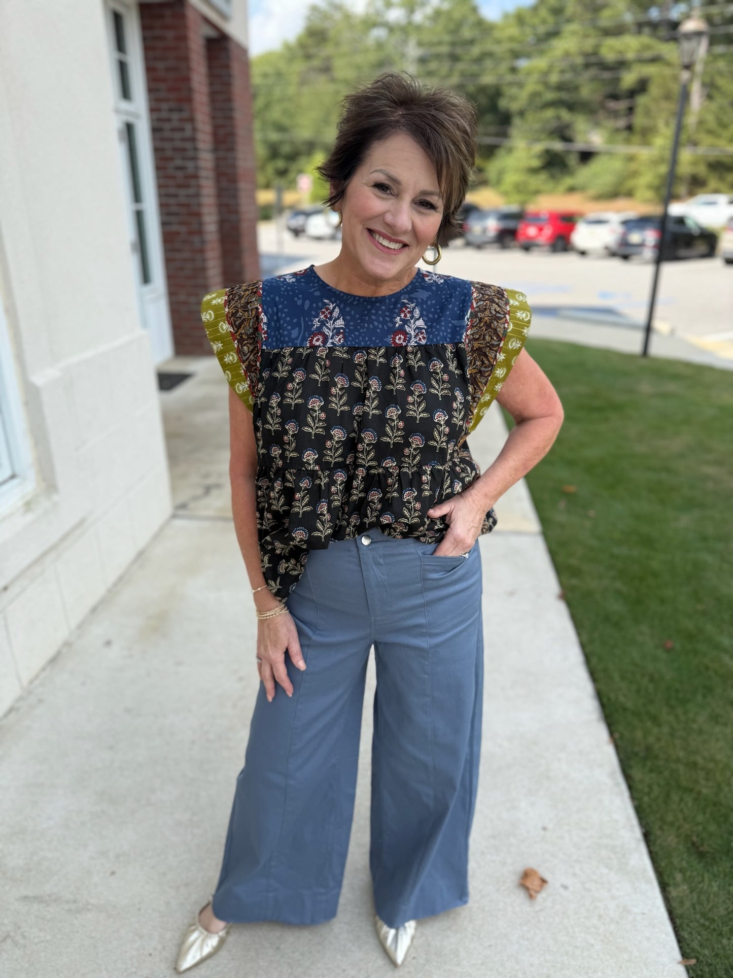 Black with Navy Floral Print Top