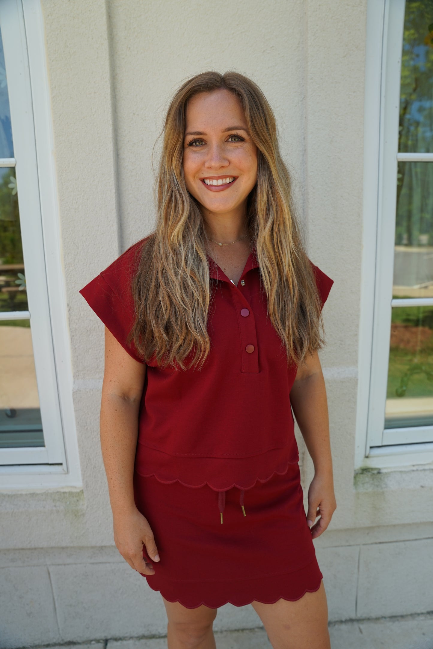 Burgundy Scallop Embroidered Skort Set