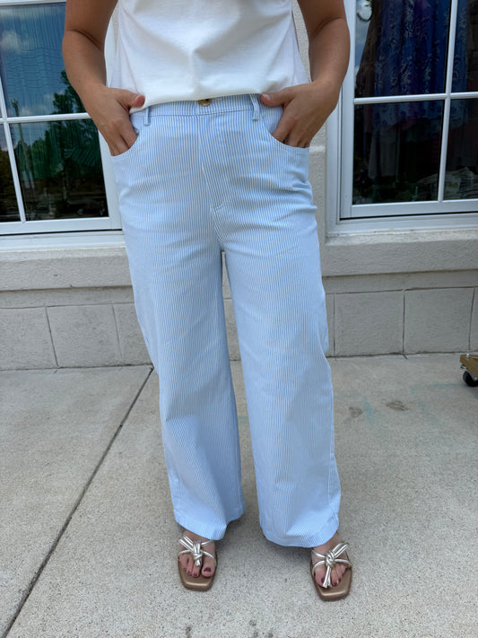 Sky and White Striped Wide Leg Pant