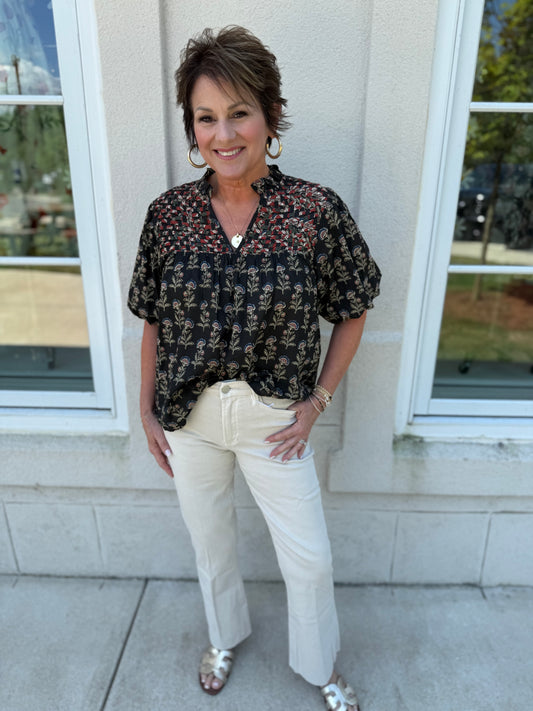 Black Floral Puff Sleeve V Neck