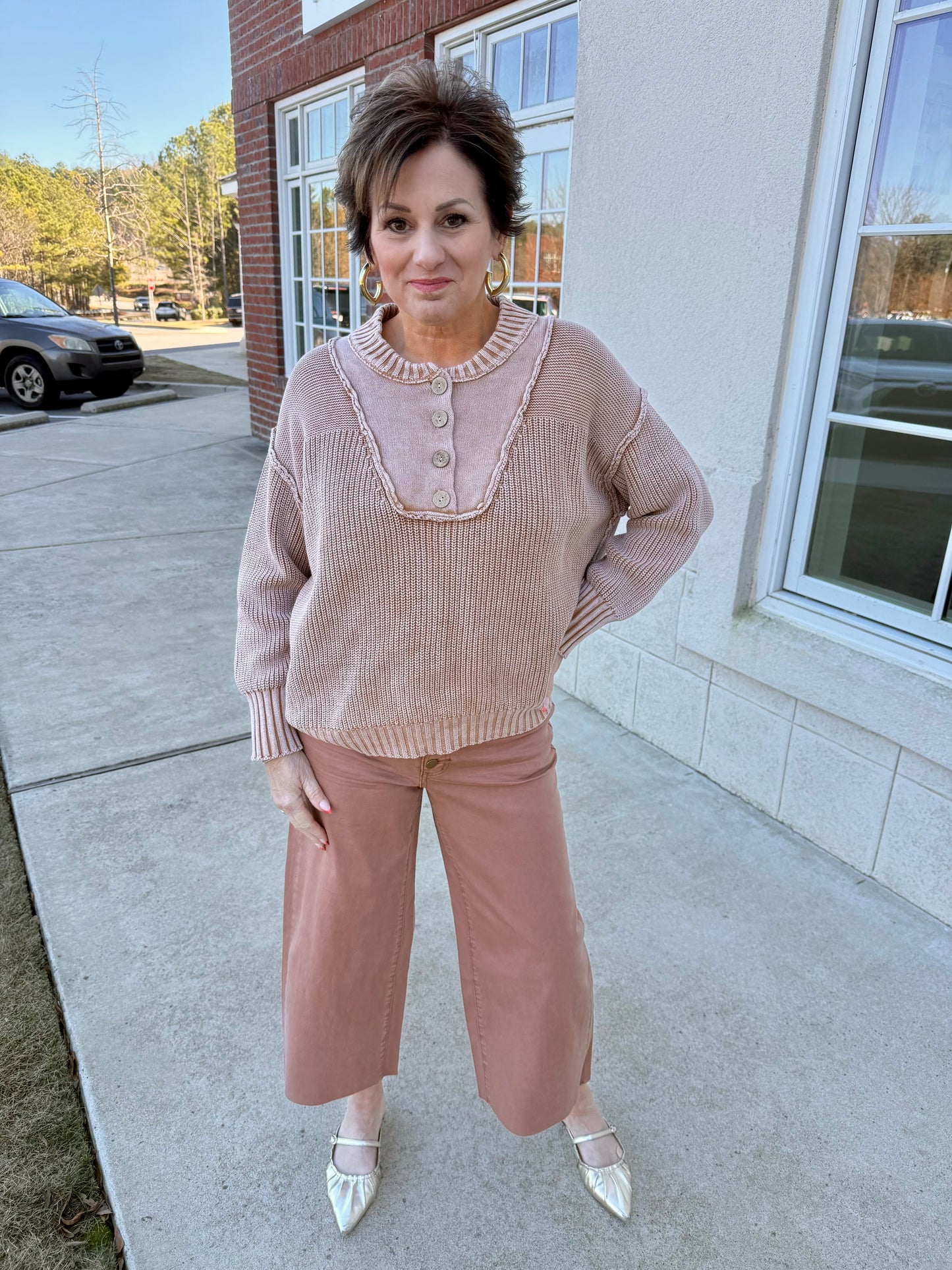 Washed Walnut Half Button Pullover