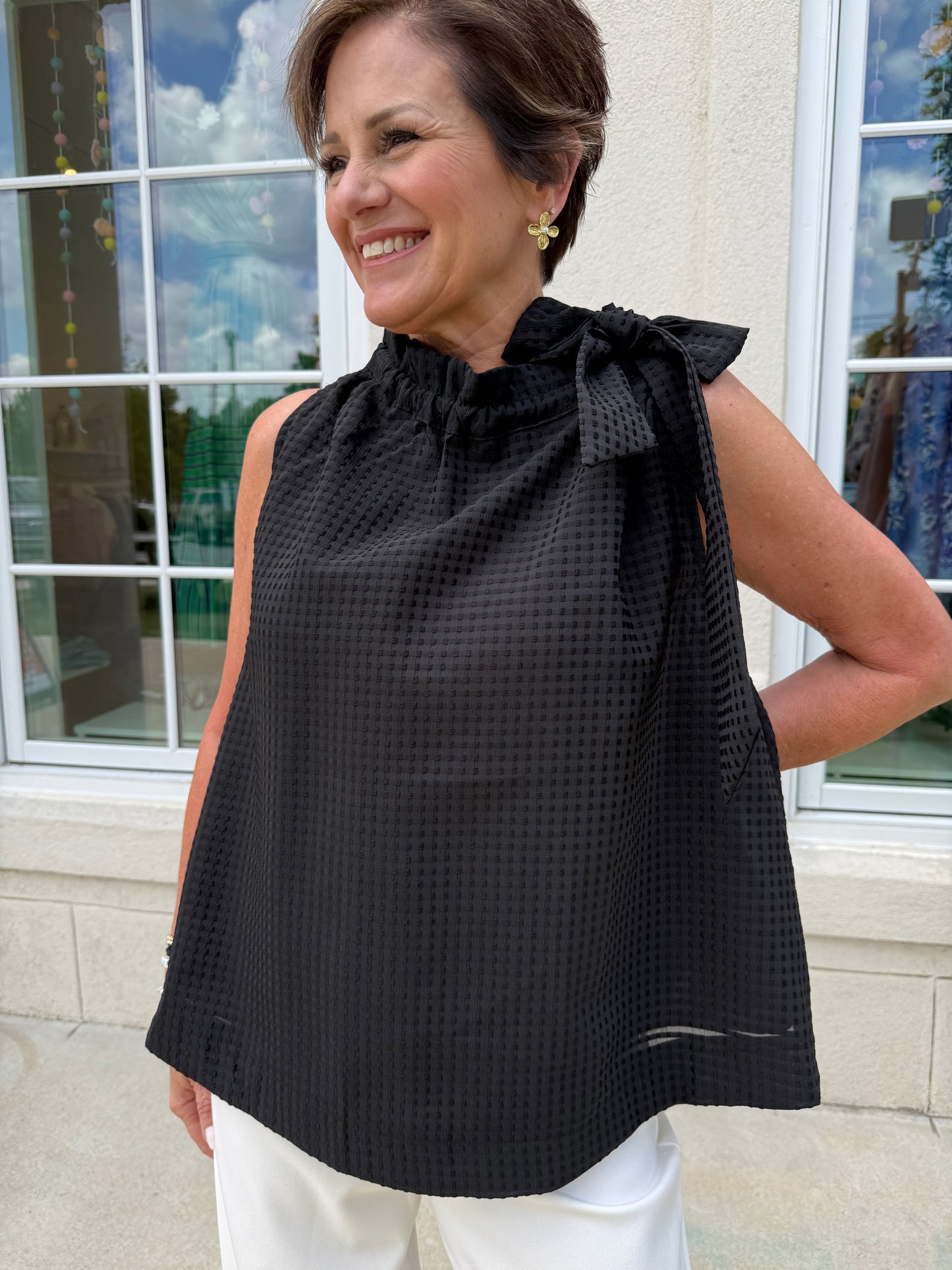 Black Ruffle Neck Tie Top