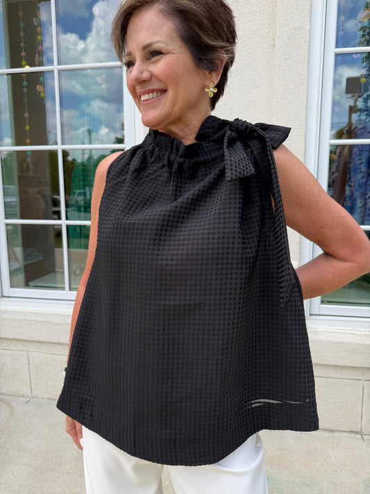 Black Ruffle Neck Tie Top